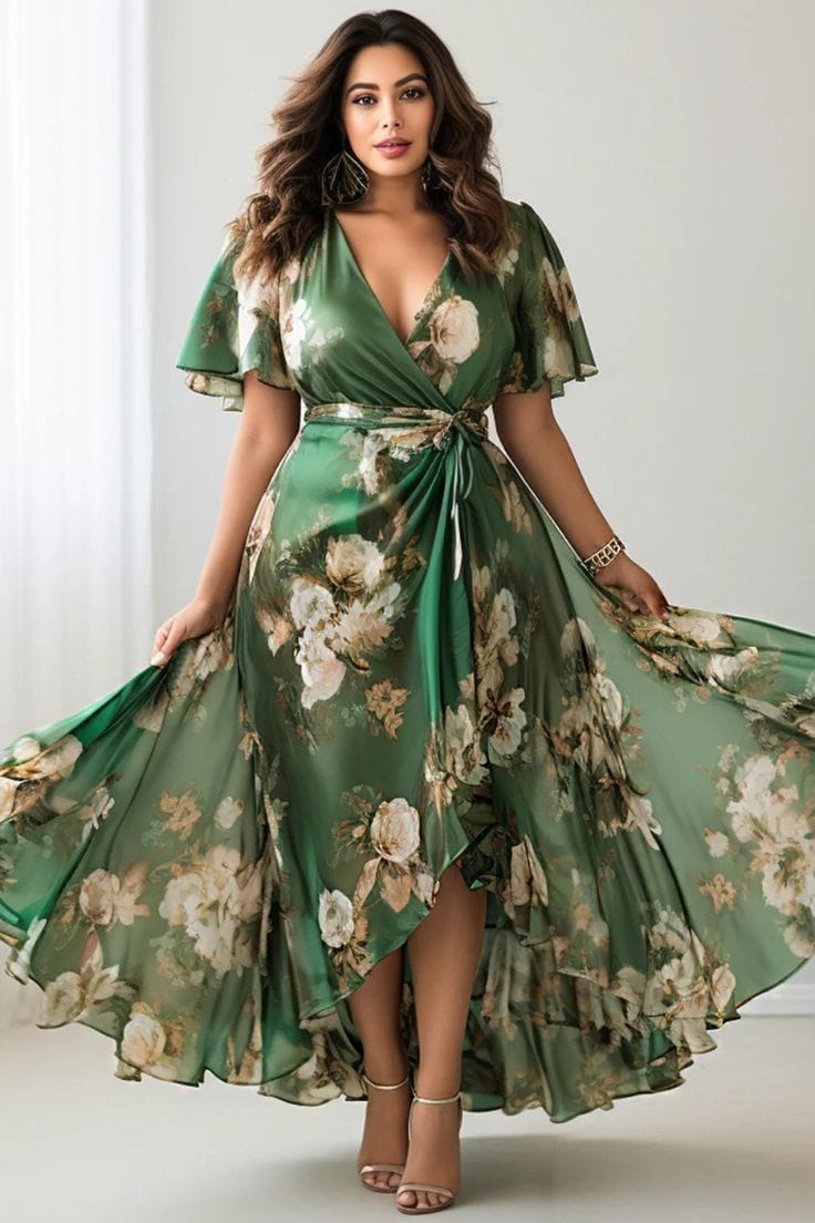 V-Neck Floral Print Satin Dress