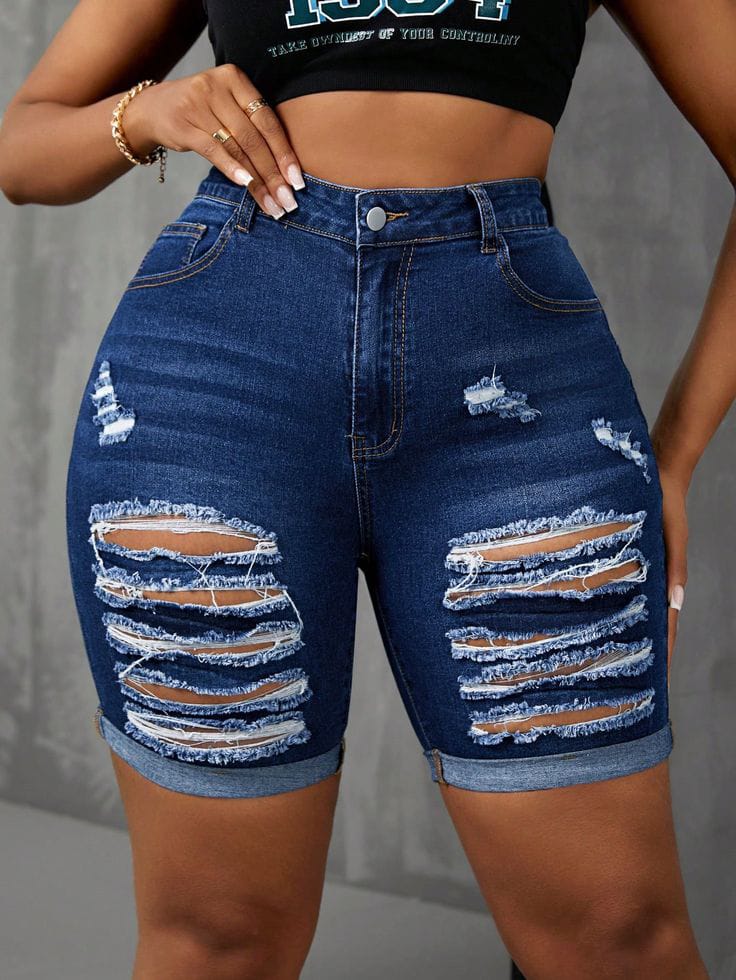 Stretchy Distressed Denim Short - Image 2
