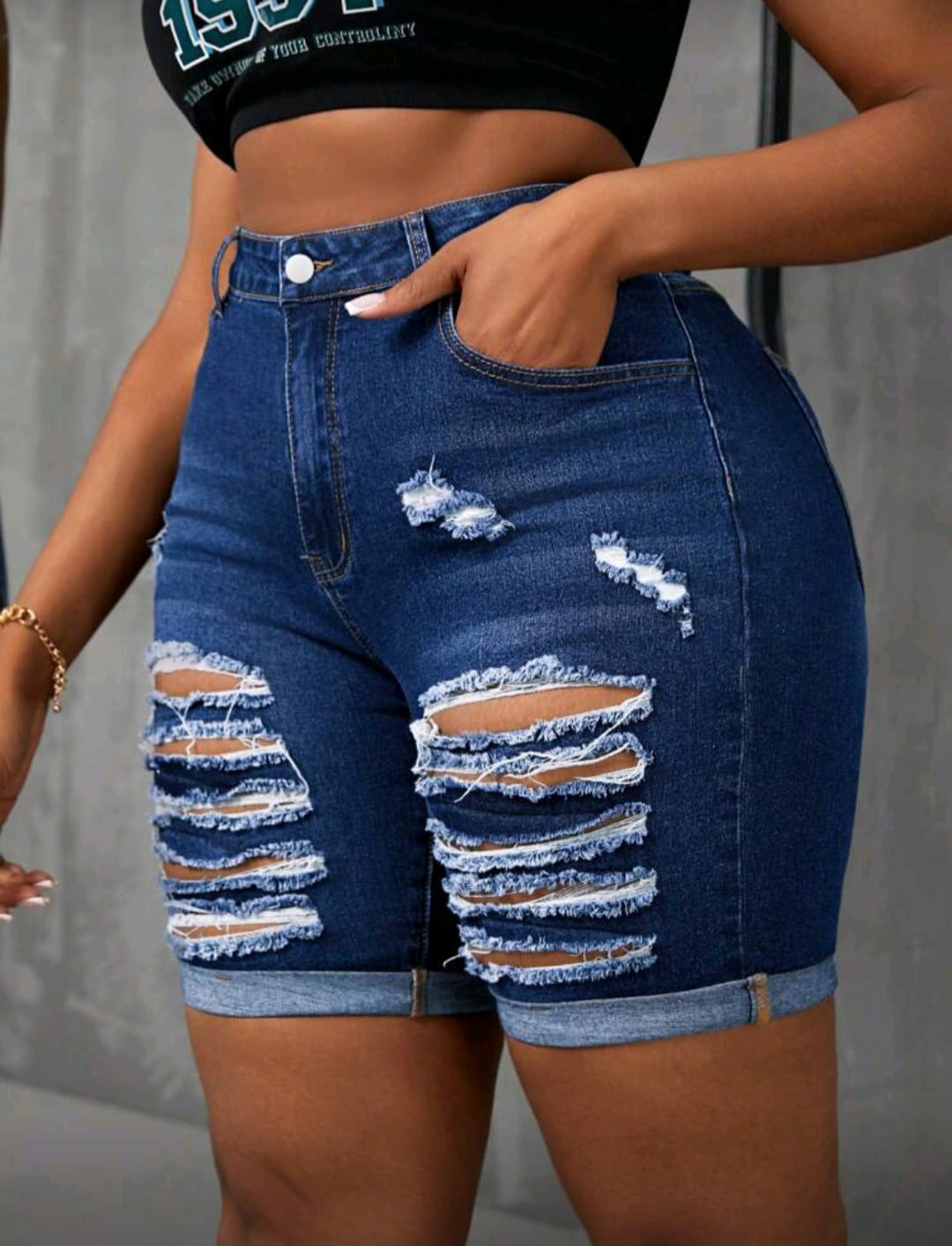 Stretchy Distressed Denim Short - Image 4