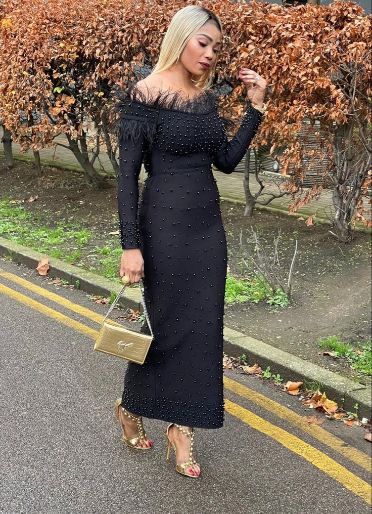 Off Shoulder Feather Pearl Bodycon Maxi Dress - Image 3
