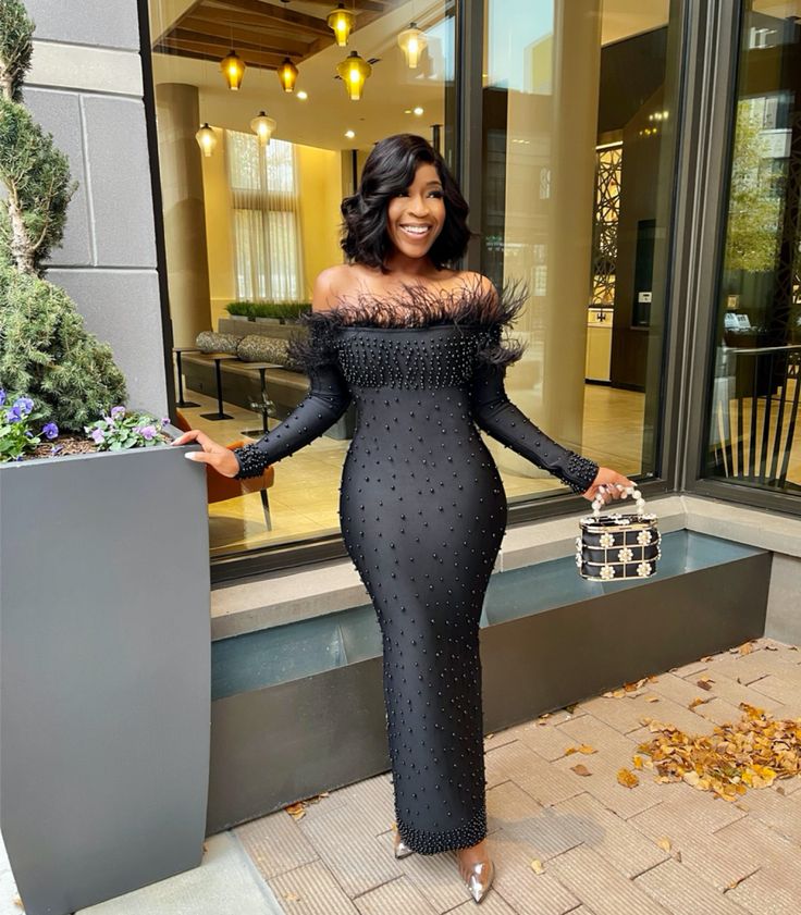 Off Shoulder Feather Pearl Bodycon Maxi Dress - Image 2