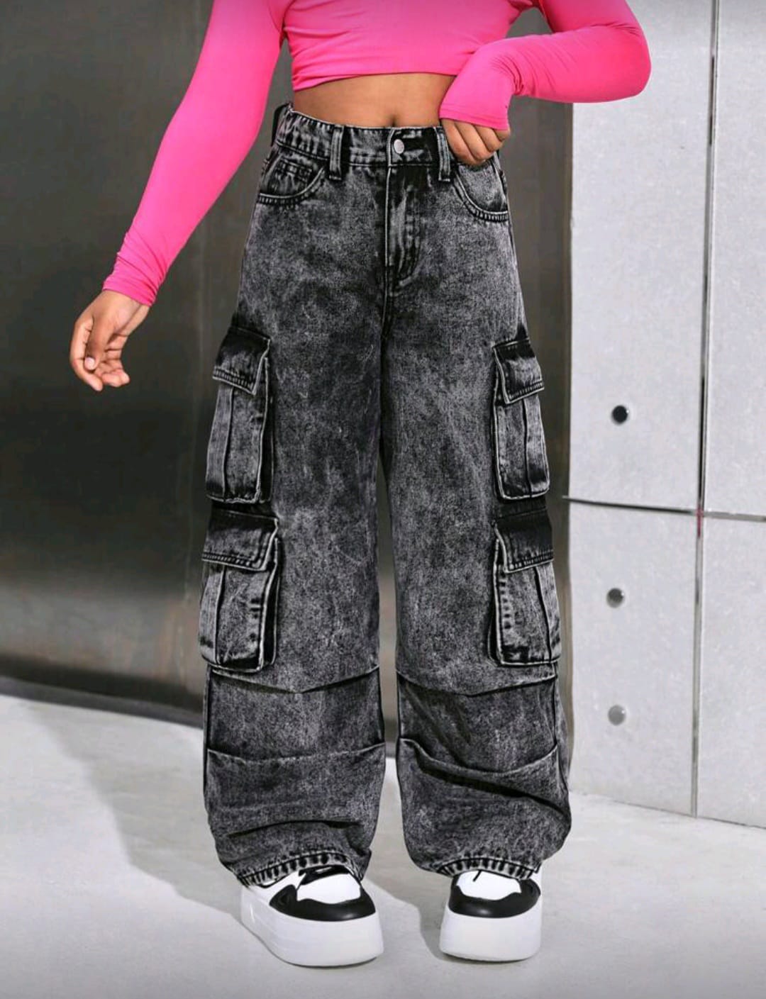 Girls Stonewashed Pleated Denim Wide Leg Cargo Jeans - Image 6