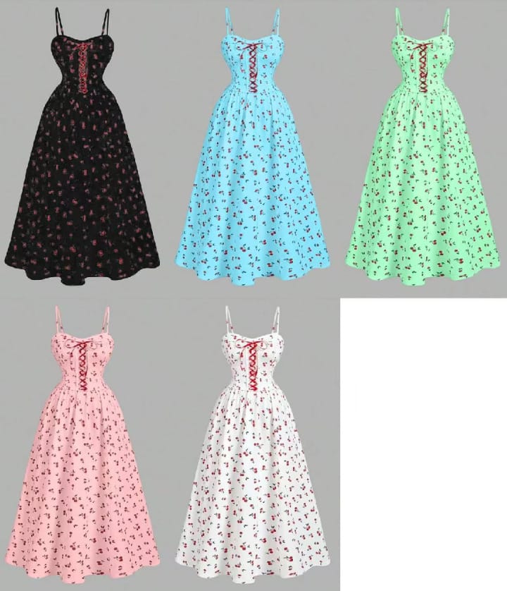Summer Front Center Bowknot Cherry Print Flare Dress