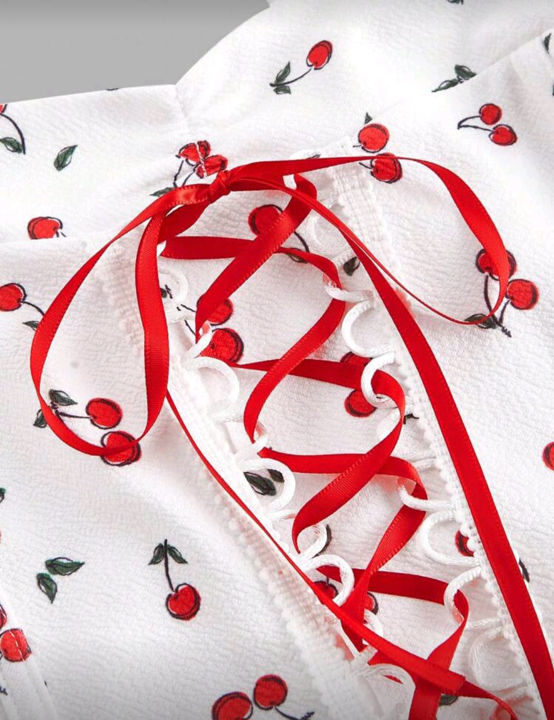 Summer Front Center Bowknot Cherry Print Flare Dress - Image 6