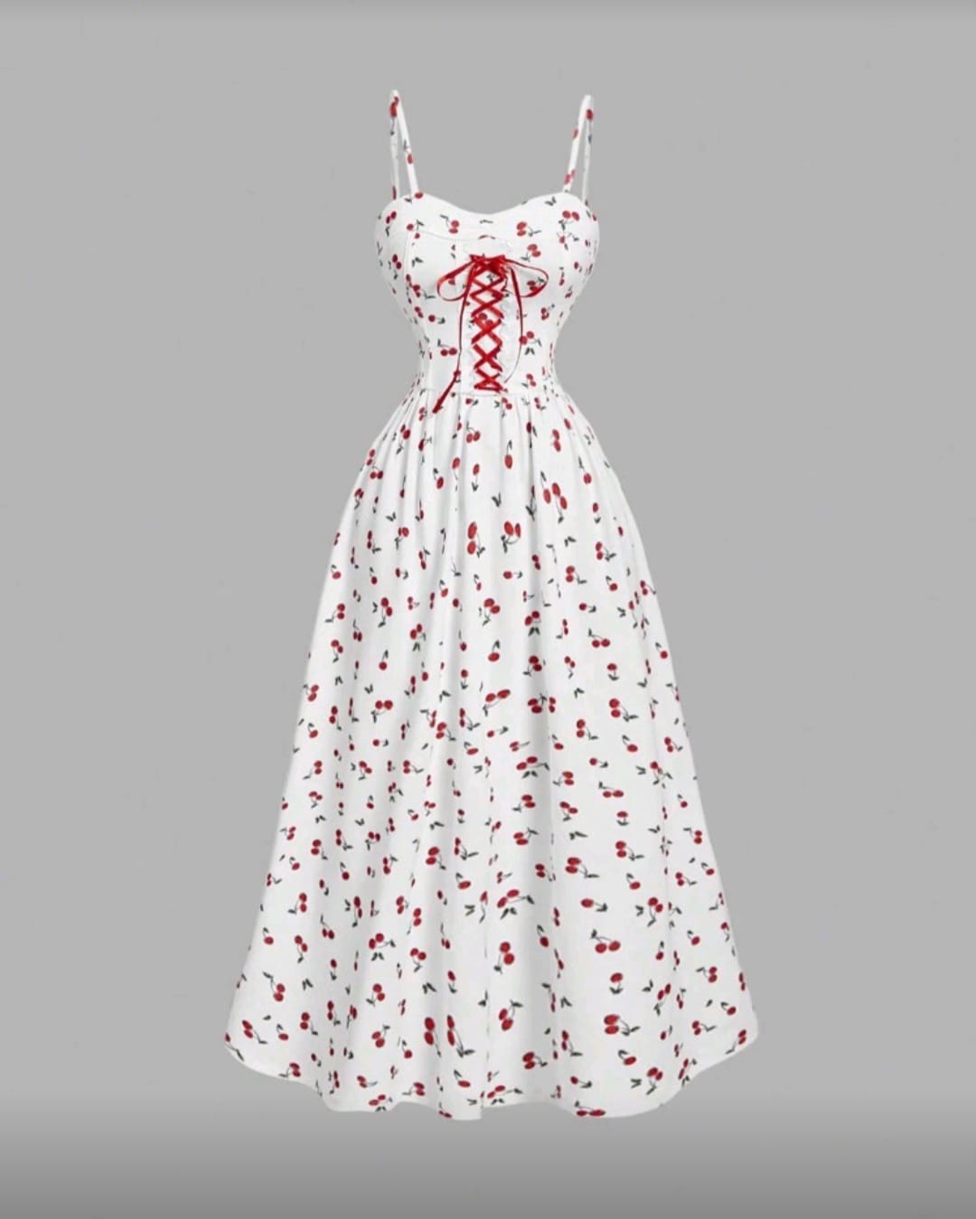Summer Front Center Bowknot Cherry Print Flare Dress - Image 3