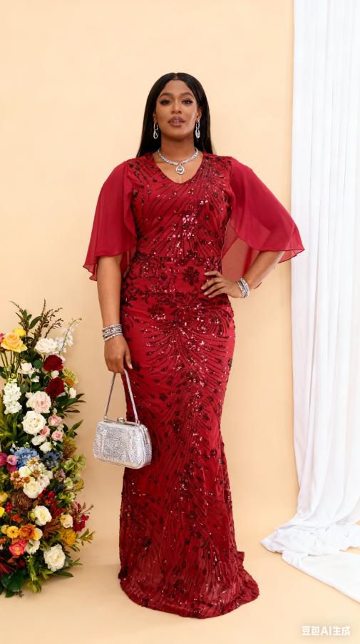 Plus Size Women Elegant Ruffle Sequin Formal Mermaid Dress - Image 4