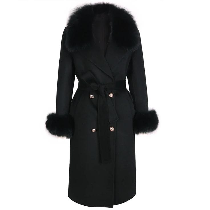 Fox Fur Trim Collar and Cuffs Full Length Women Coat - Image 2
