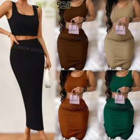 Two Piece Crop Top Vest Midi Skirt