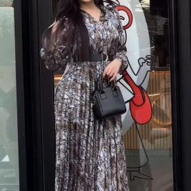 Plus All Over Printed Long Sleeve Belted Dress