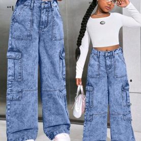 Girls Wide Leg Demin Cargo Pants