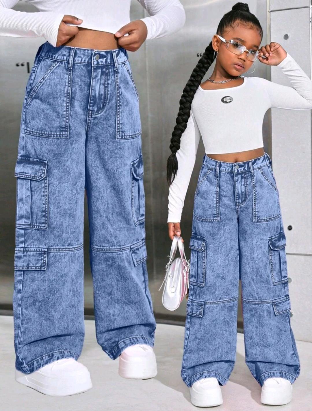 Girls Wide Leg Demin Cargo Pants