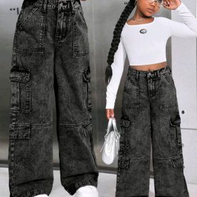 Girls Wide Leg Demin Cargo Pants