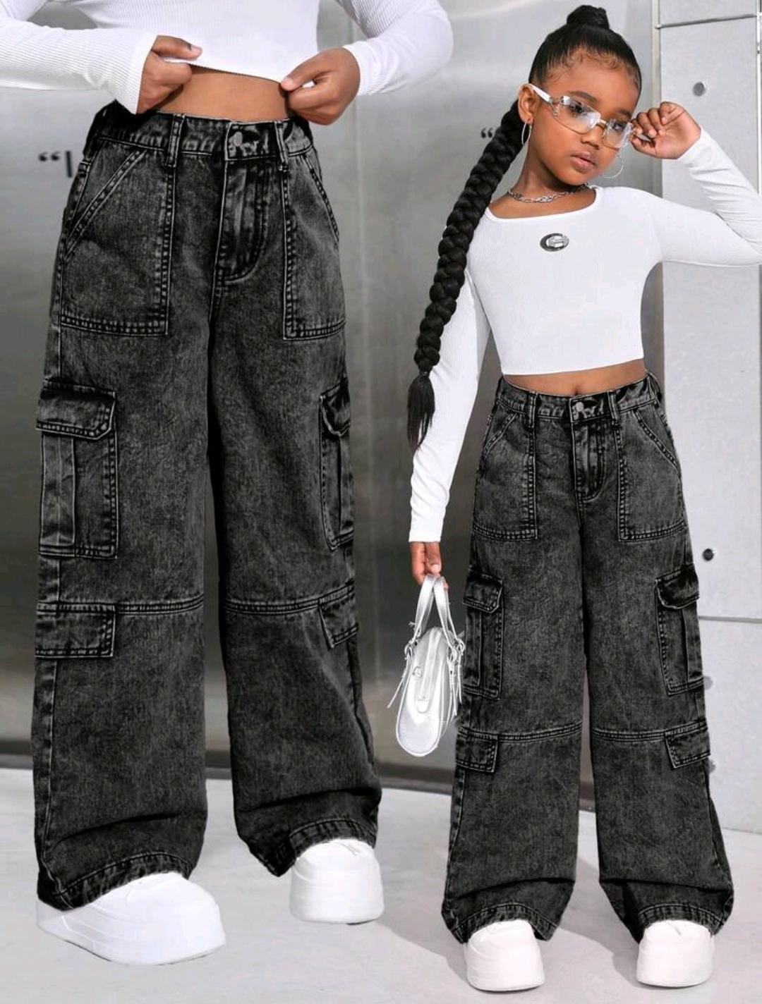 Girls Wide Leg Demin Cargo Pants